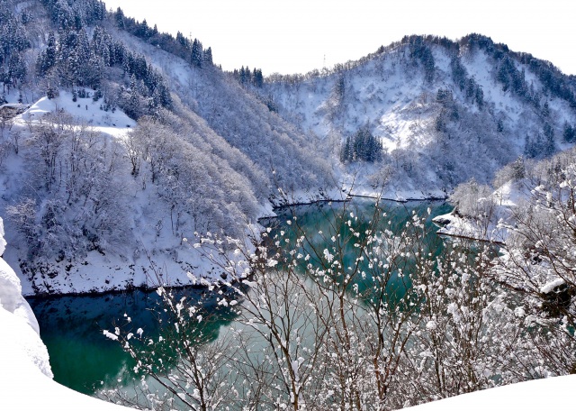 雪のダム湖